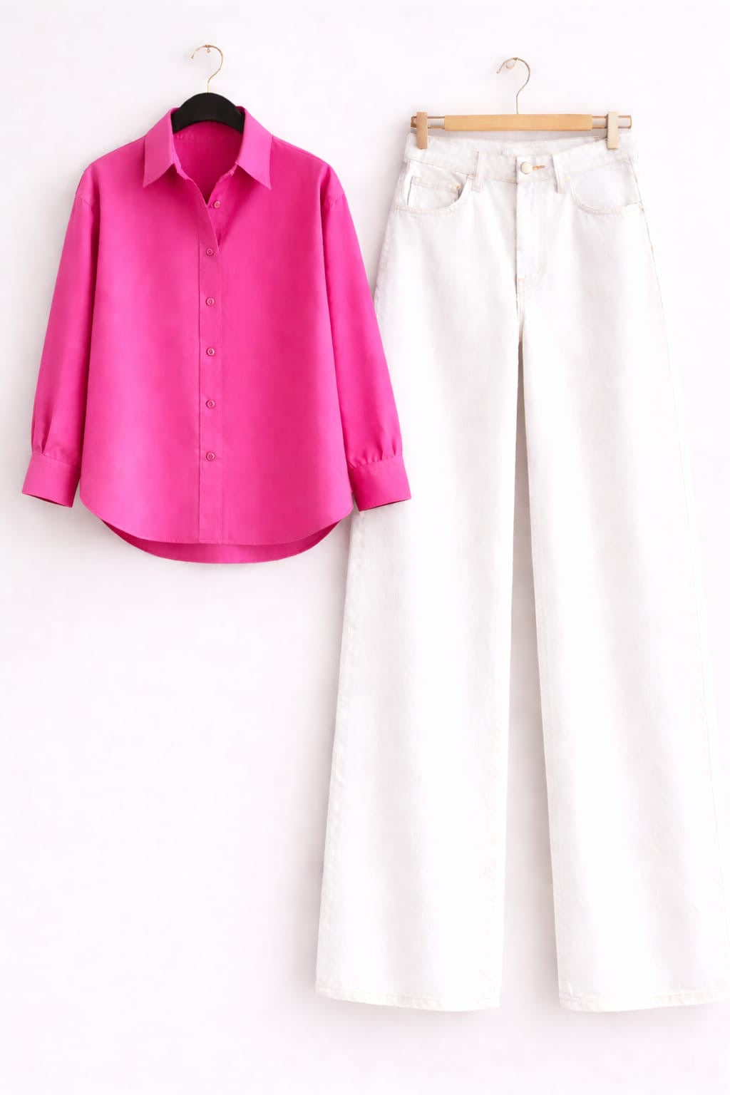 HOT-PINK BUTTON DOWN SHIRT WITH WHITE WIDE LEG JEANS