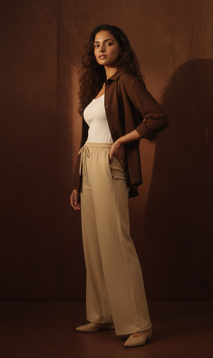 BROWN BUTTON DOWN SHIRT WITH INNER & BEIGE FLAPPER TROUSER