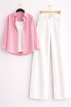 BABY PINK BUTTON DOWN SHIRT WITH INNER & WHITE WIDE LEG JEANS
