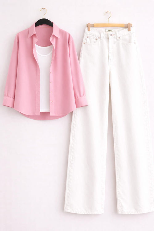BABY PINK BUTTON DOWN SHIRT WITH INNER & WHITE WIDE LEG JEANS