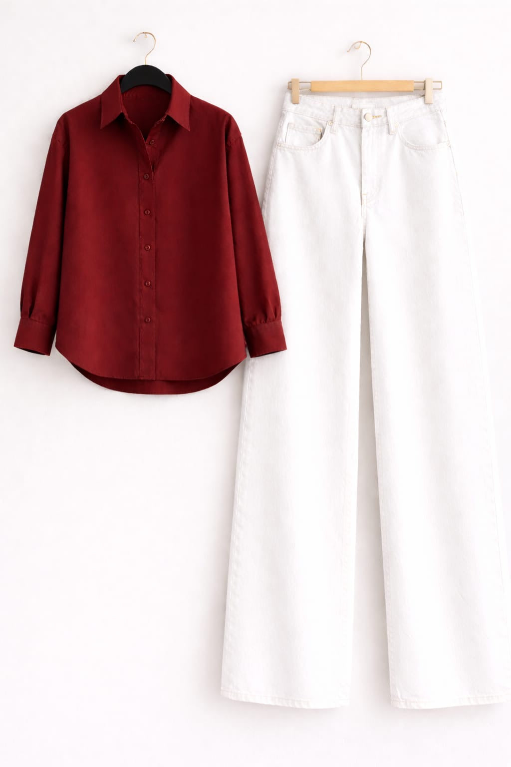 MAROON BUTTON DOWN SHIRT WITH WHITE WIDE LEG JEANS