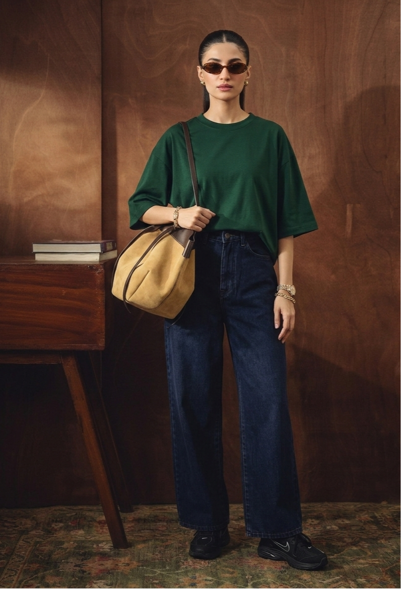 BOTTLE GREEN DROP TEE SHIRT WITH MID-BLUE WIDE LEG JEANS