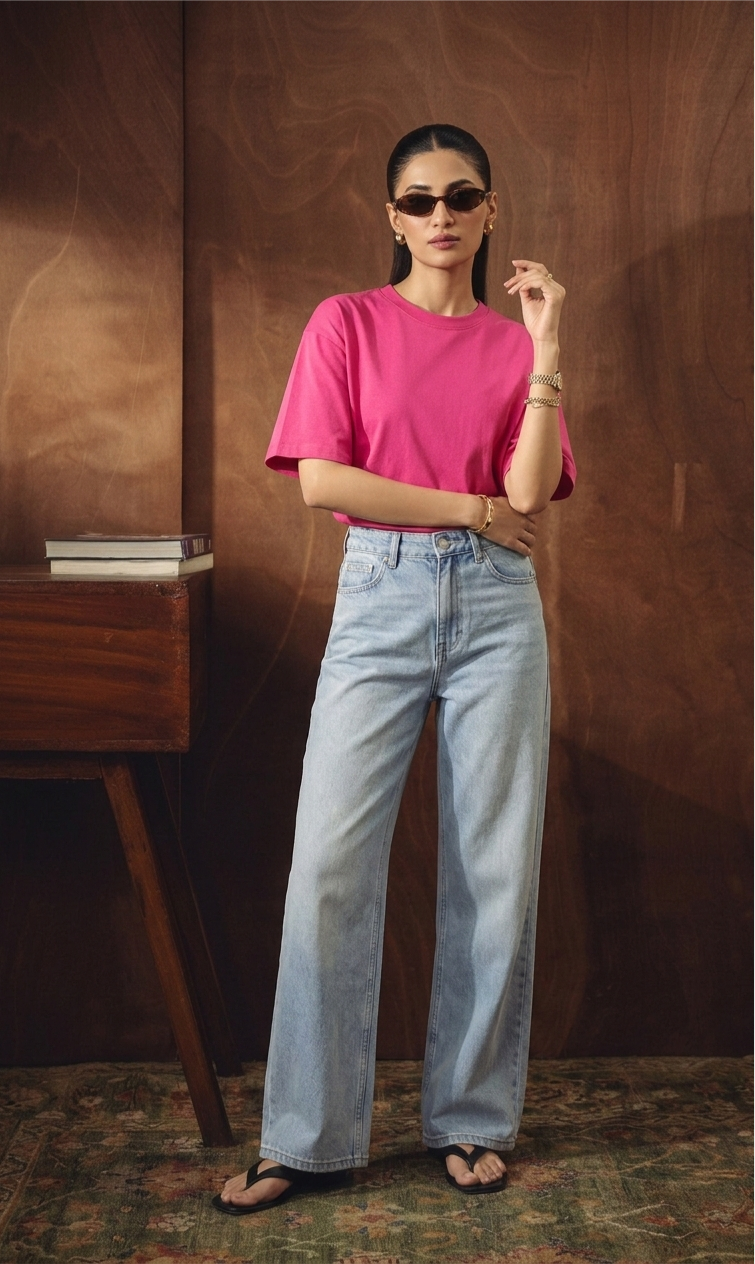 HOT PINK DROP TEE SHIRT WITH ICE-BLUE WIDE LEG JEANS