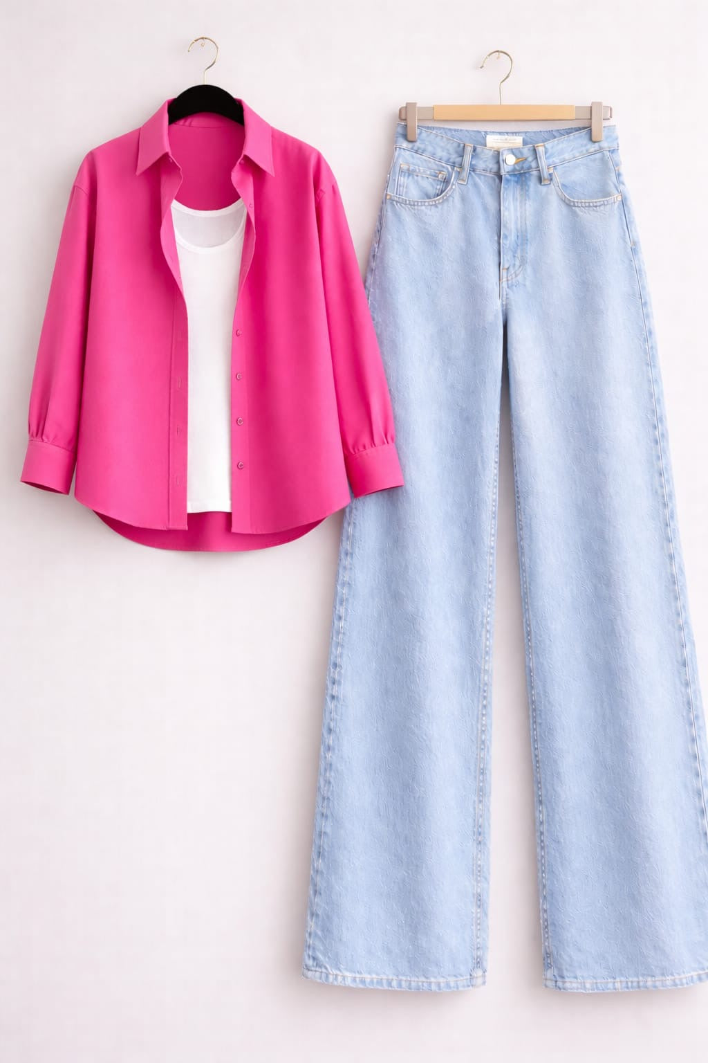HOT-PINK BUTTON DOWN SHIRT WITH INNER & ICE-BLUE WIDE LEG JEANS