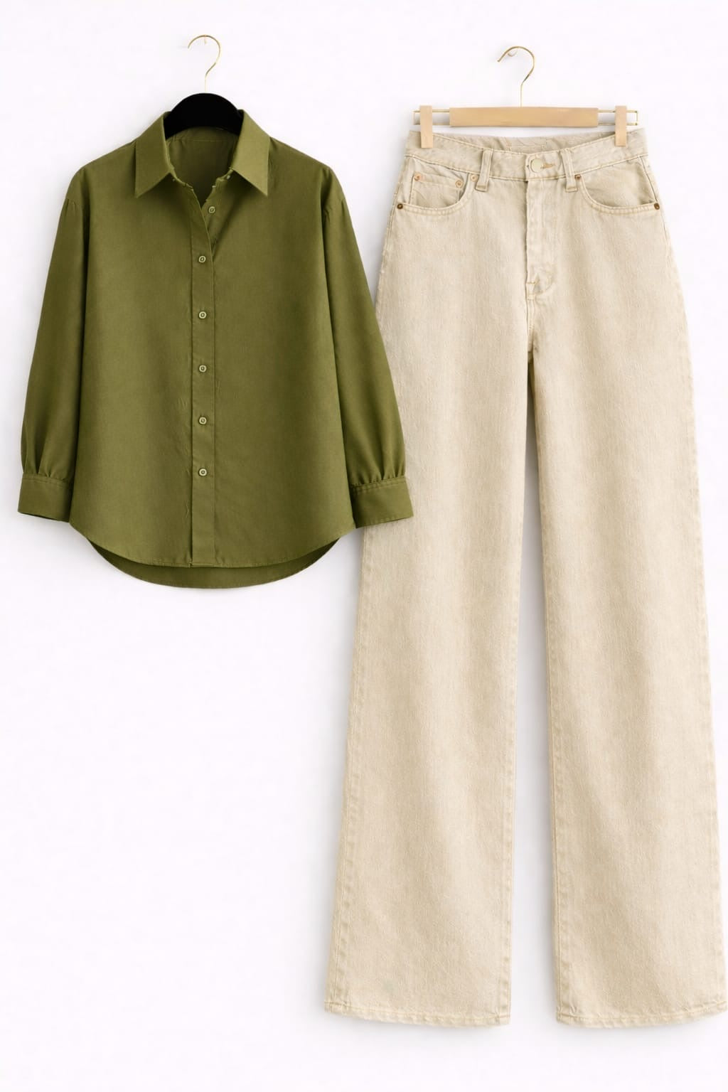 OLIVE GREEN BUTTON DOWN SHIRT WITH BEIGE WIDE LEG JEANS
