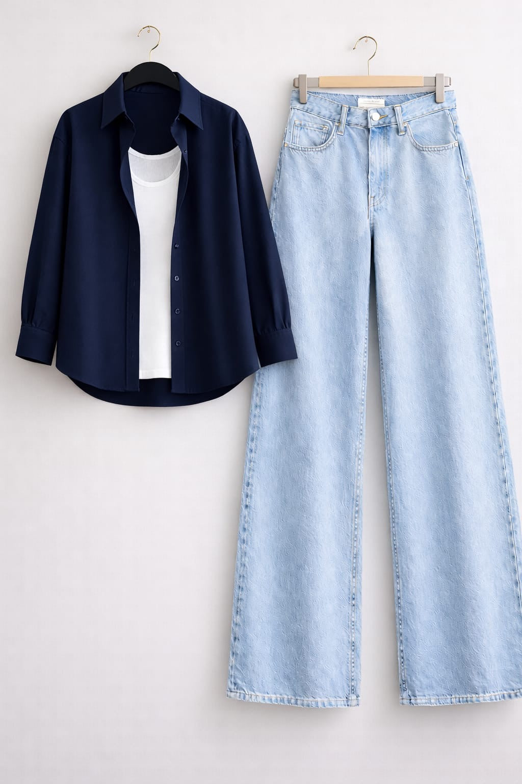 NAVY-BLUE BUTTON DOWN SHIRT WITH INNER & ICE-BLUE WIDE LEG JEANS