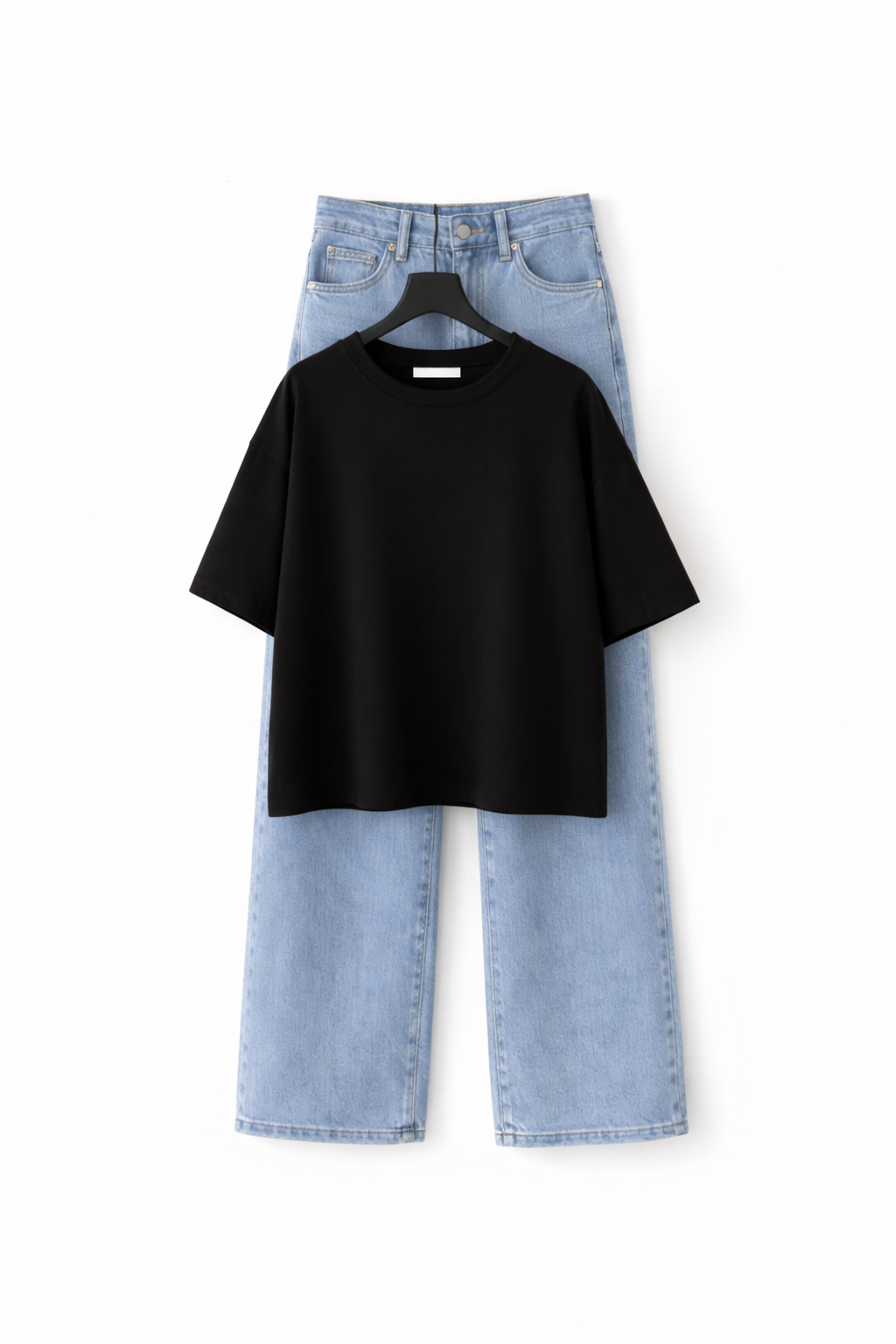 BLACK DROP TEE SHIRT WITH ICE-BLUE WIDE LEG JEANS