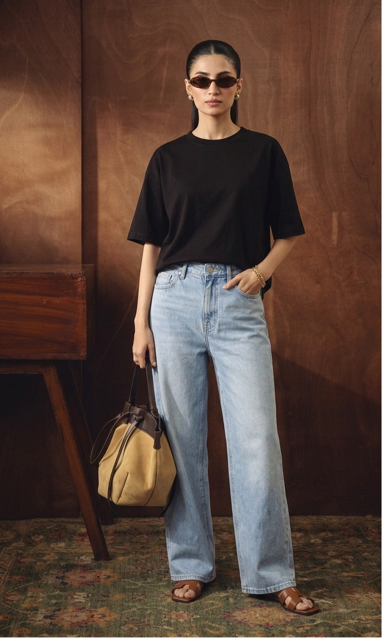 BLACK DROP TEE SHIRT WITH ICE-BLUE WIDE LEG JEANS