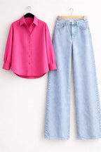 HOT PINK BUTTON DOWN WITH ICEBLUE WIDE LEG JEANS