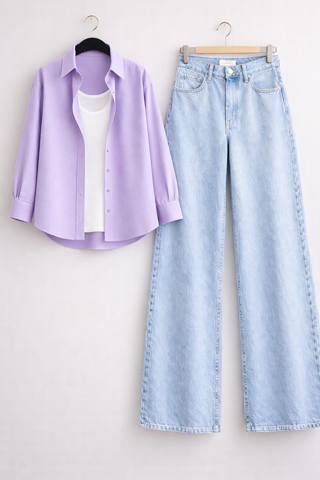 LILAC BUTTON DOWN SHIRT WITH INNER & ICE-BLUE WIDE LEG JEANS