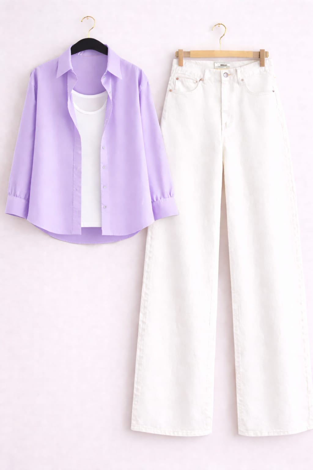 LILAC BUTTON DOWN SHIRT WITH INNER & WHITE WIDE LEG JEANS