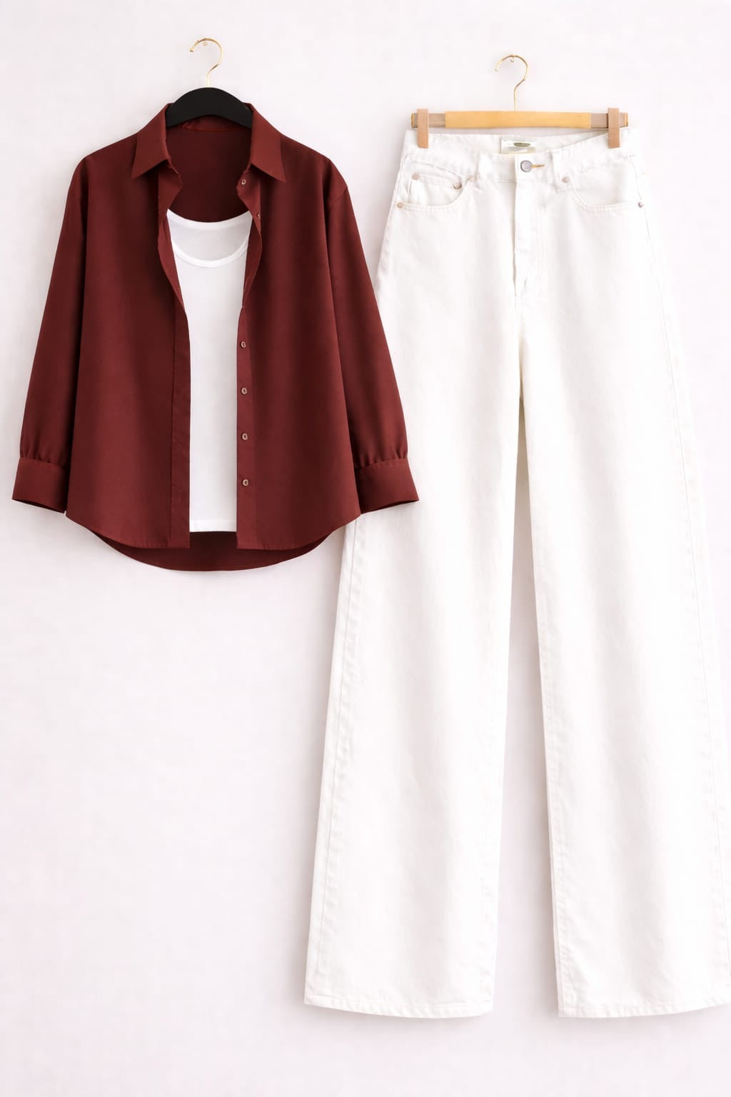 MAROON BUTTON DOWN SHIRT WITH INNER & WHITE WIDE LEG JEANS