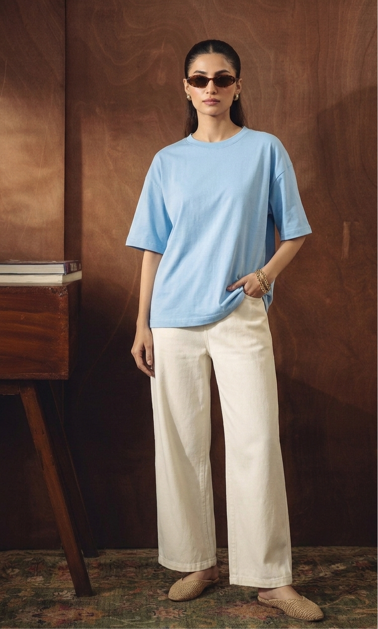 SKY-BLUE DROP TEE SHIRT WITH WHITE WIDE LEG JEANS