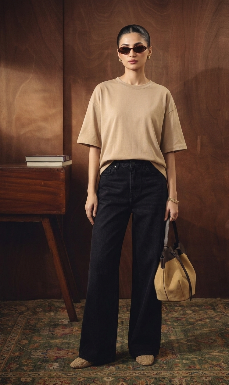 BEIGE DROP TEE SHIRT WITH JET-BLACK WIDE LEG JEANS