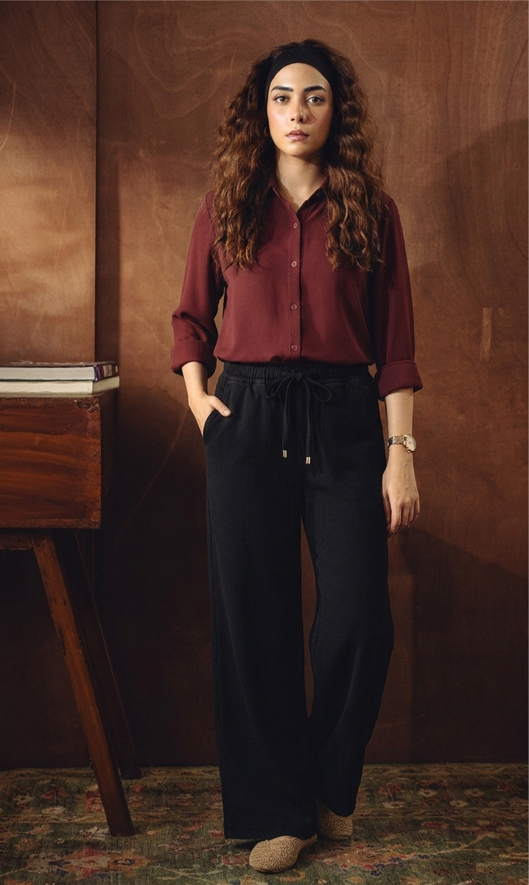 MAROON BUTTON DOWN SHIRT WITH BLACK FLAPPER TROUSER