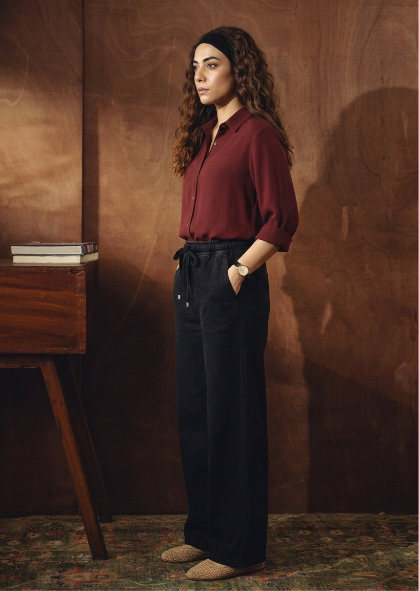 MAROON BUTTON DOWN SHIRT WITH BLACK FLAPPER TROUSER