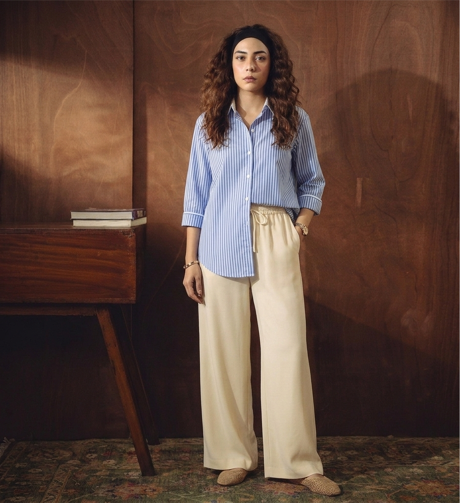 Blue Lining Button Down With White Flapper Trouser