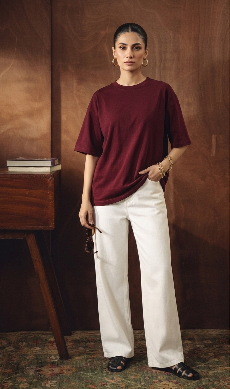 MAROON DROP TEE SHIRT WITH WHITE WIDE LEG JEANS