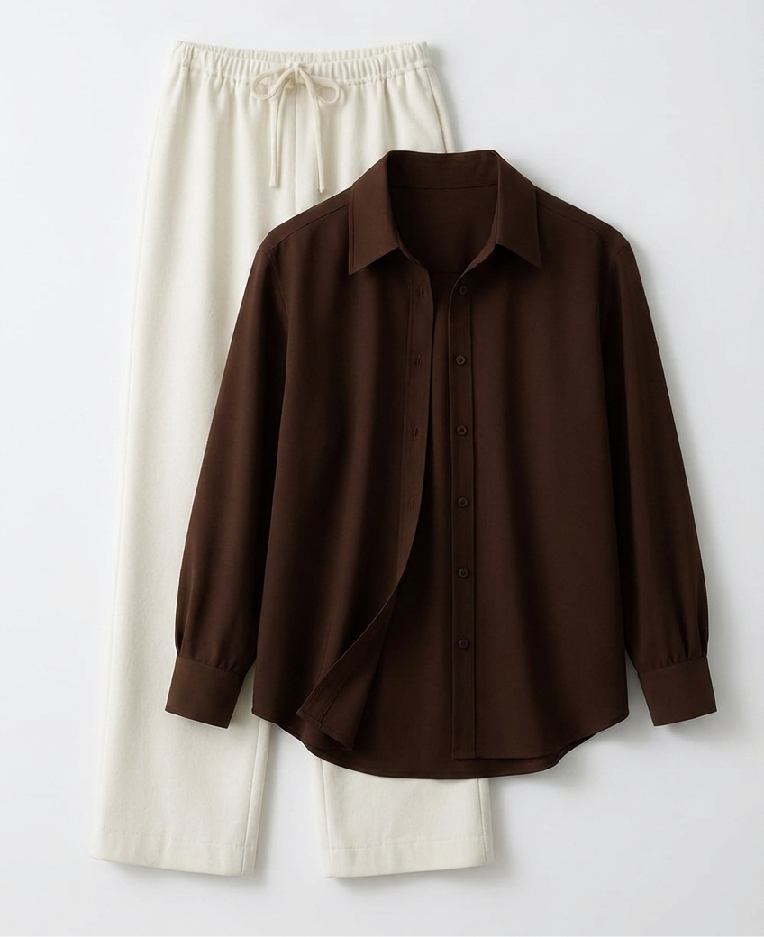 BROWN BUTTON DOWN SHIRT WITH BEIGE FLAPPER TROUSER