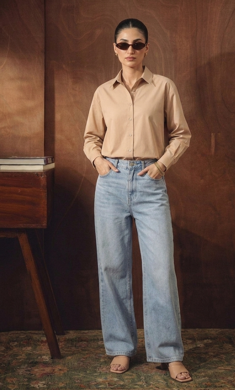 BEIGE BUTTON DOWN SHIRT & ICE-BLUE WIDE LEG JEANS