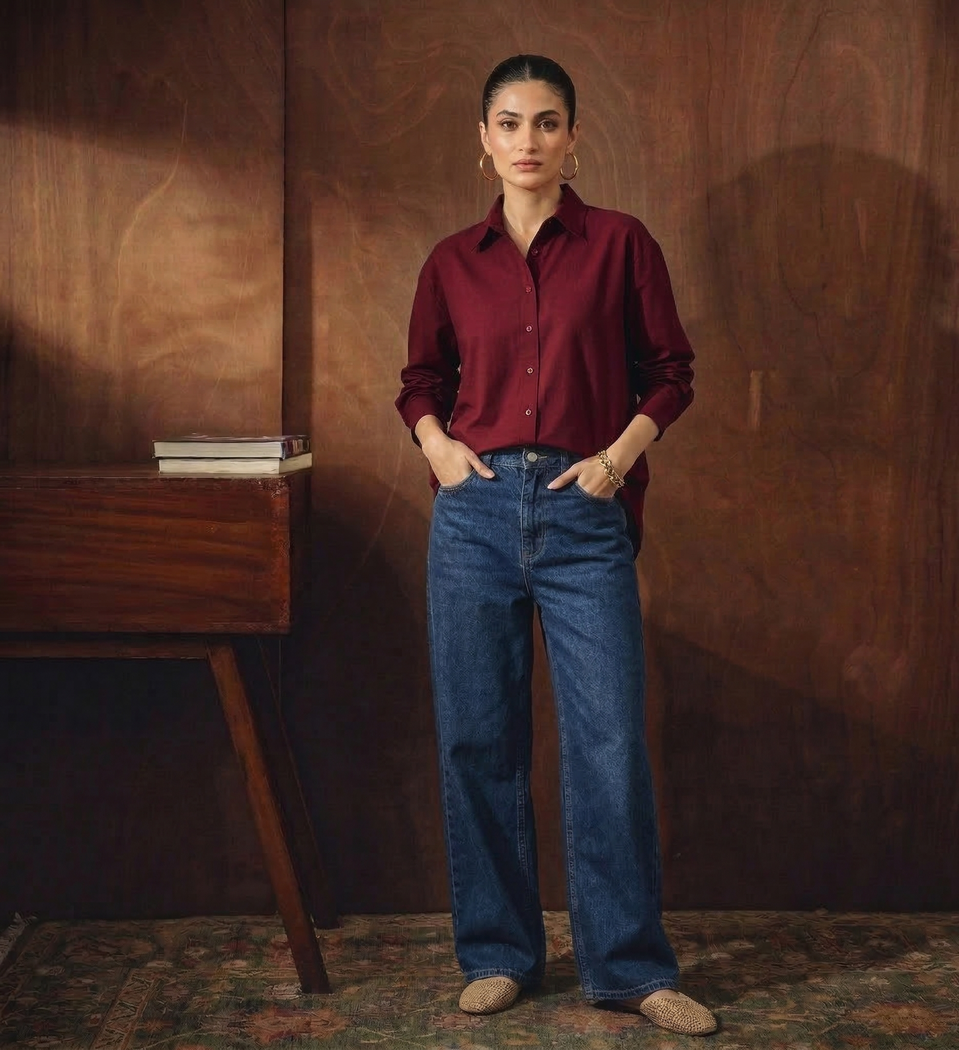 MAROON BUTTON DOWN SHIRT & MID-BLUE WIDE LEG JEANS