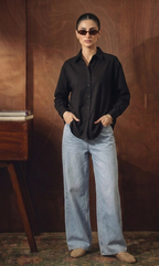 BLACK BUTTON DOWN SHIRT WITH ICEBLUE WIDE LEG JEANS