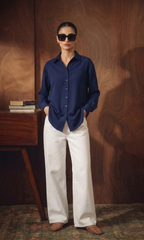 NAVY-BLUE BUTTON DOWN SHIRT WITH WHITE WIDE LEG JEANS