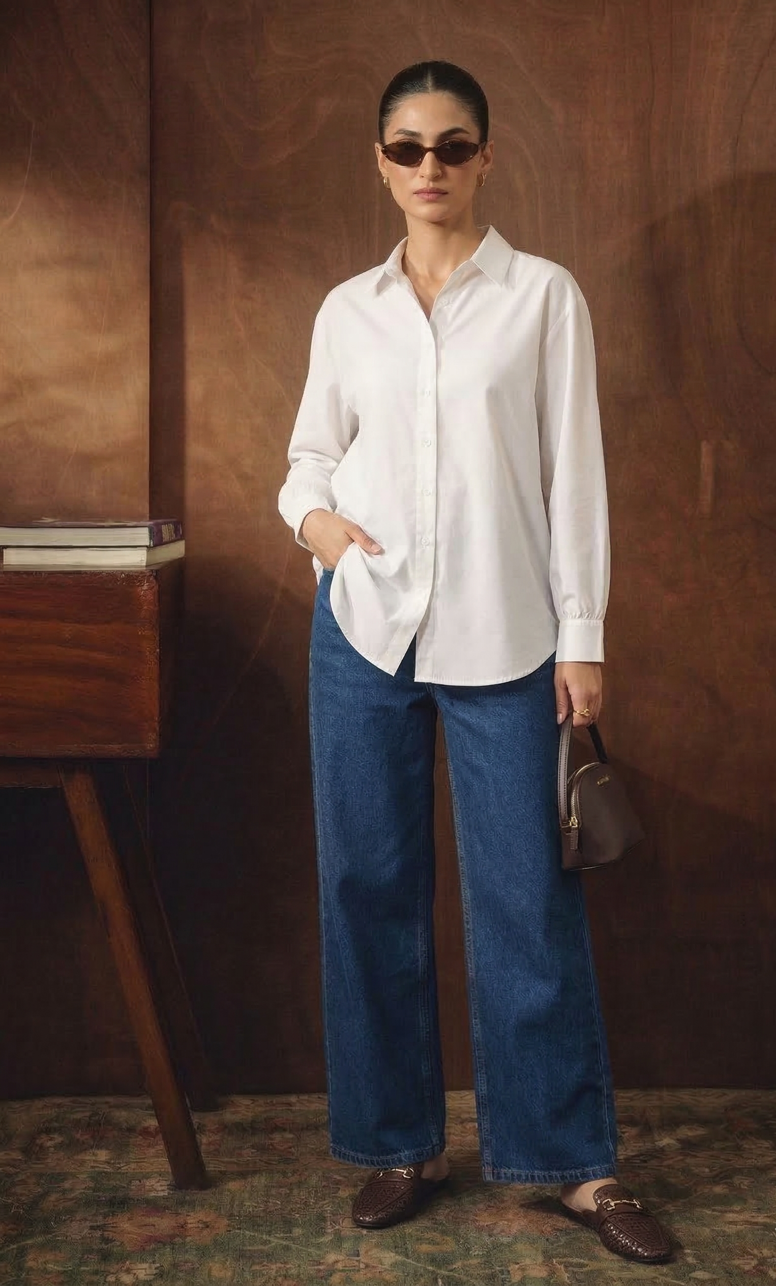 WHITE BUTTON DOWN SHIRT & MID-BLUE WIDE LEG JEANS
