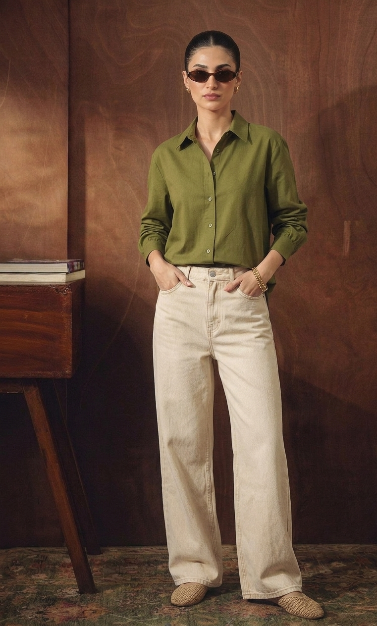 OLIVE GREEN BUTTON DOWN SHIRT WITH BEIGE WIDE LEG JEANS