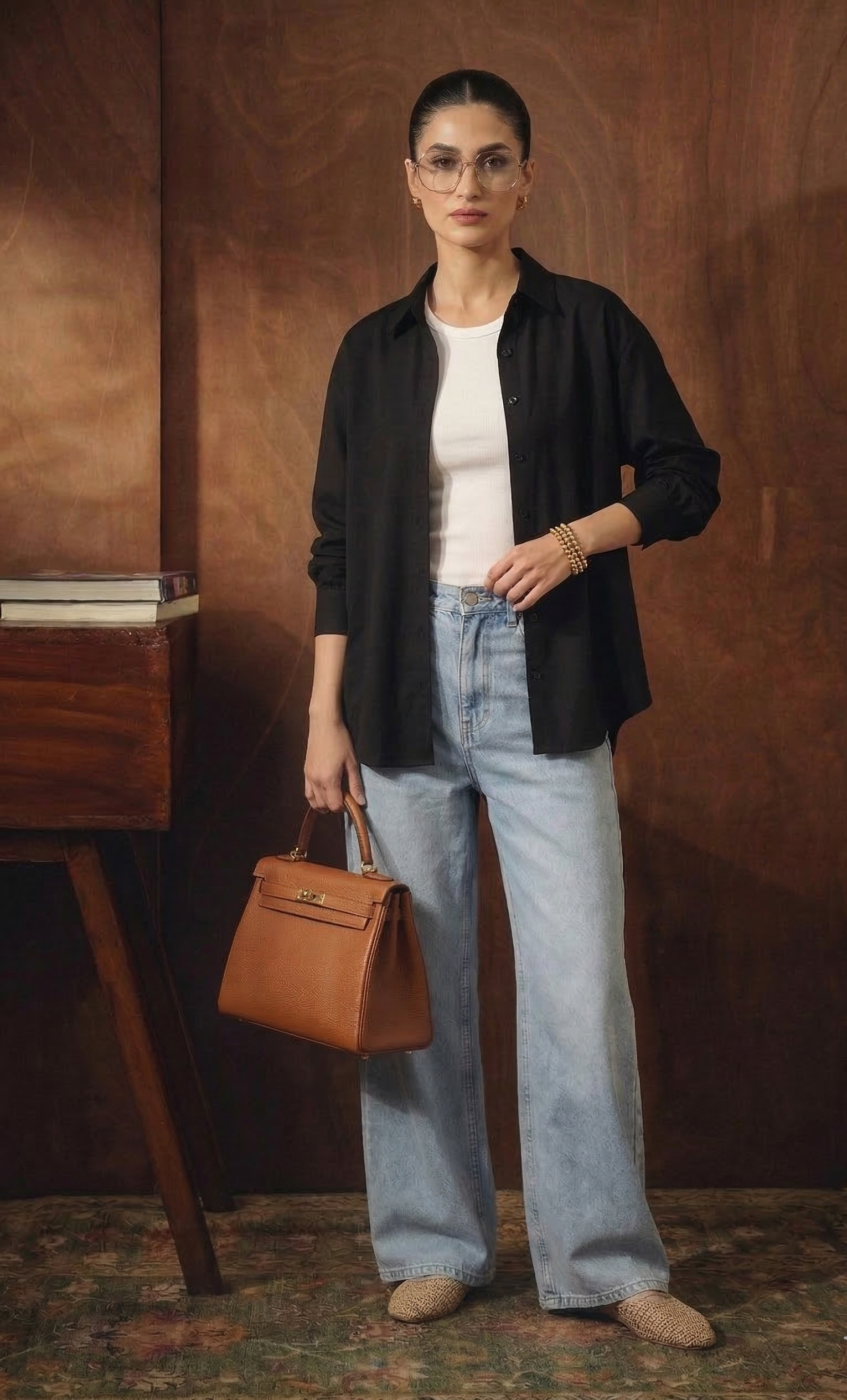 BLACK BUTTON DOWN SHIRT WITH INNER & ICE-BLUE WIDE LEG JEANS