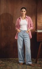 BABY PINK BUTTON DOWN SHIRT WITH INNER & ICE-BLUE WIDE LEG JEANS