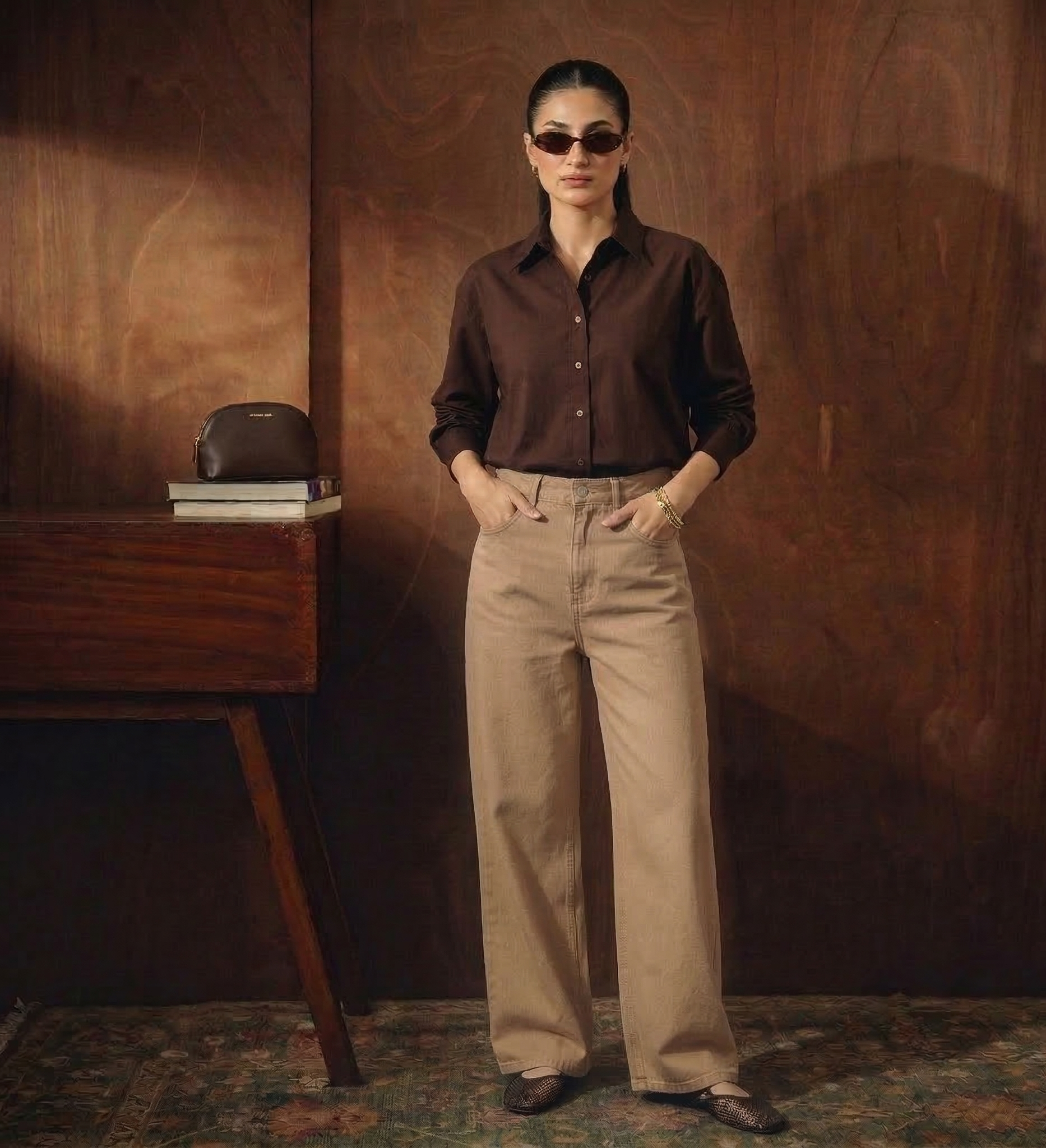 DARK BROWN BUTTON DOWN SHIRT WITH BEIGE WIDE LEG JEANS