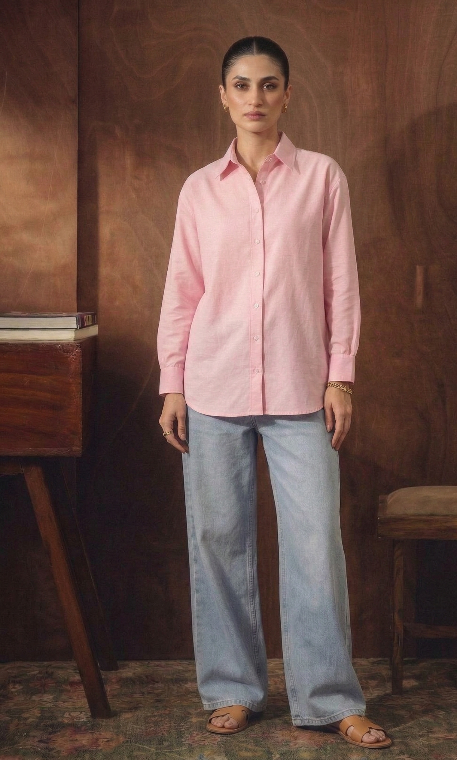 BABY PINK BUTTON DOWN WITH ICEBLUE WIDE LEG JEANS