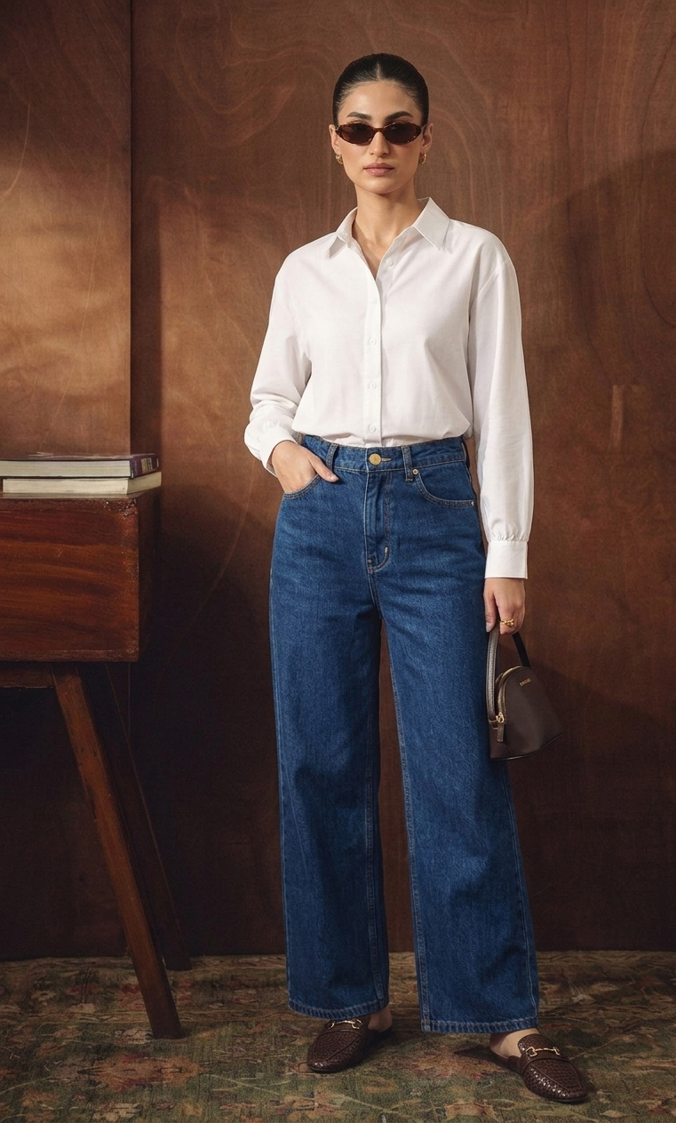 WHITE BUTTON DOWN SHIRT & MID-BLUE WIDE LEG JEANS