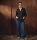 BLACK BUTTON DOWN SHIRT WITH MID-BLUE WIDE LEG JEANS
