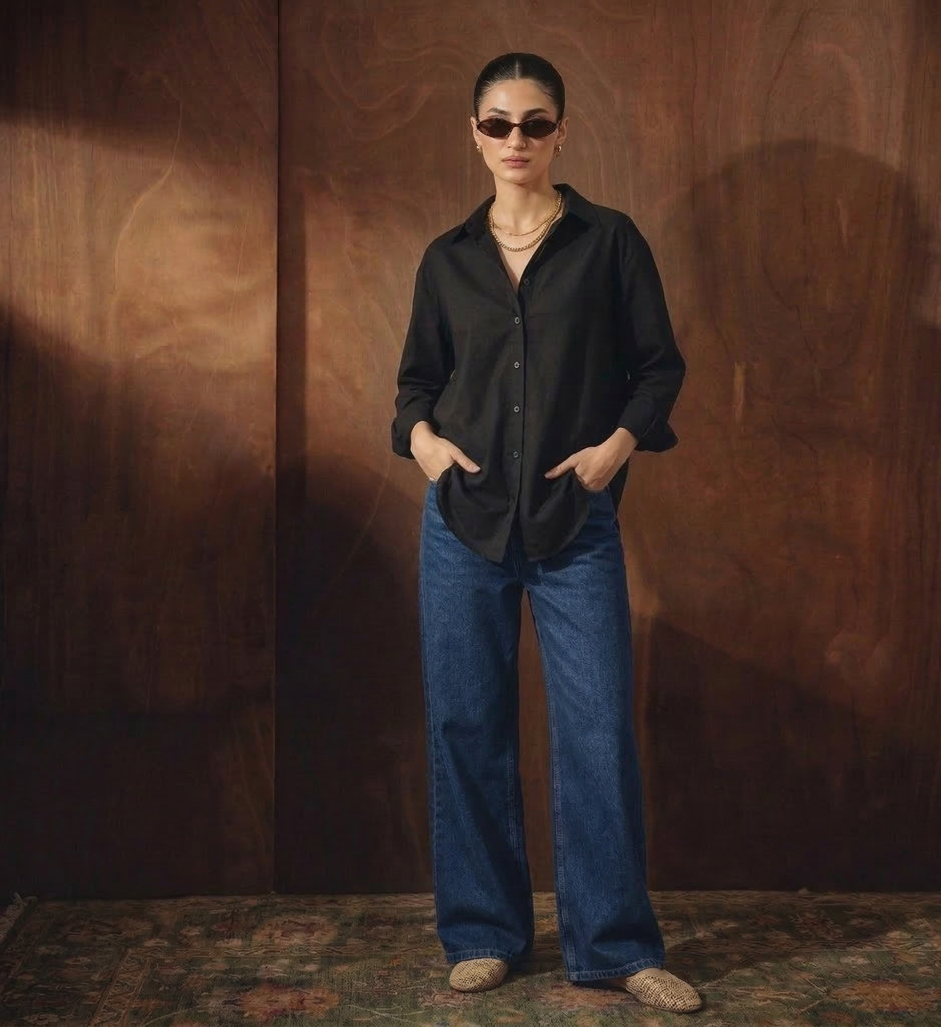 BLACK BUTTON DOWN SHIRT WITH MID-BLUE WIDE LEG JEANS