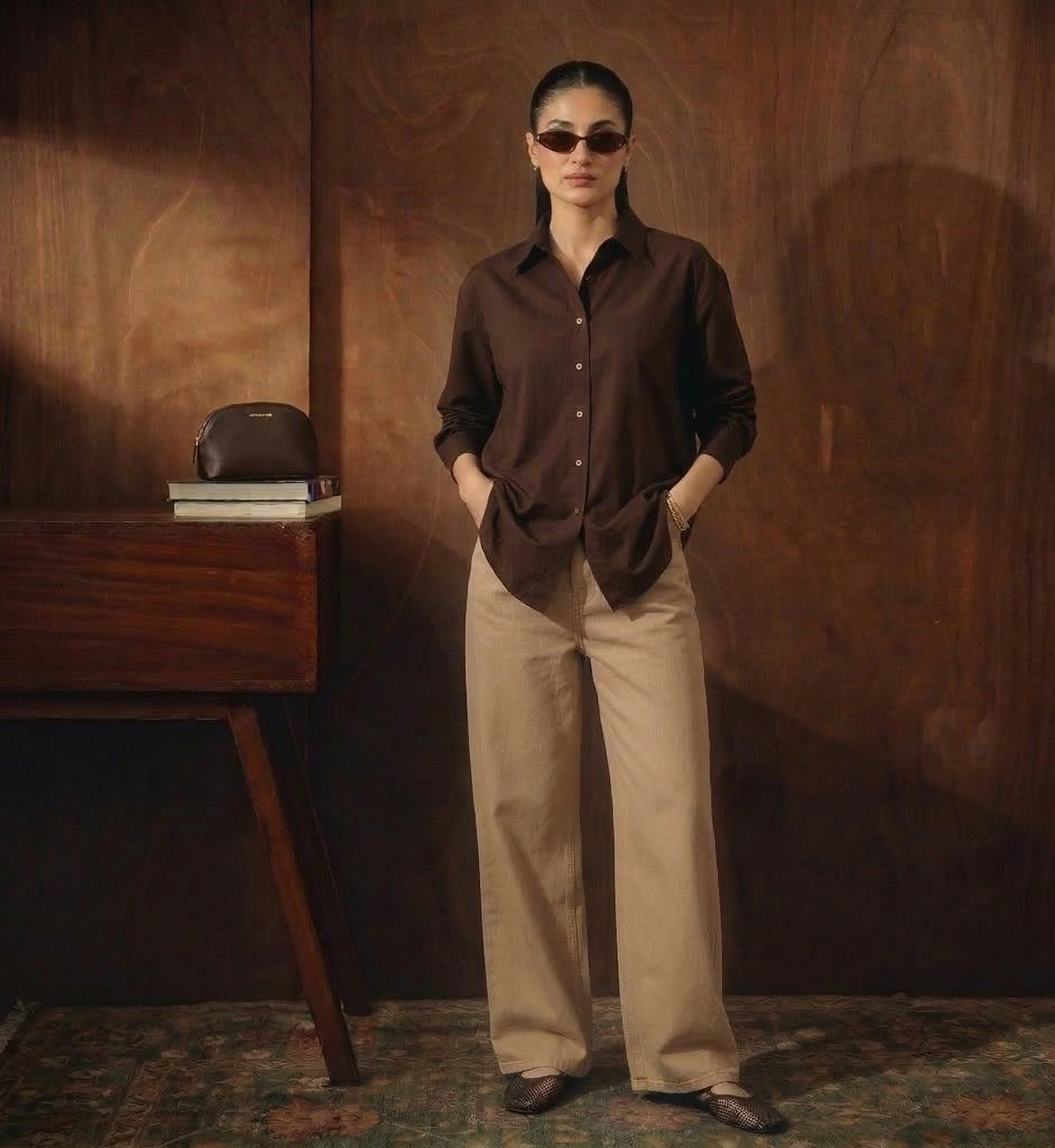 DARK BROWN BUTTON DOWN SHIRT WITH BEIGE WIDE LEG JEANS