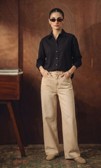 BLACK BUTTON DOWN SHIRT WITH BEIGE WIDE LEG JEANS