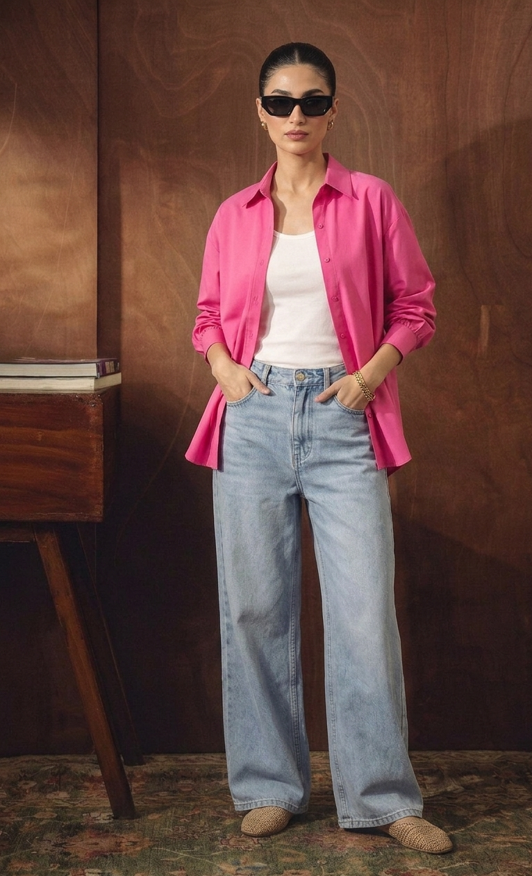HOT-PINK BUTTON DOWN SHIRT WITH INNER & ICE-BLUE WIDE LEG JEANS