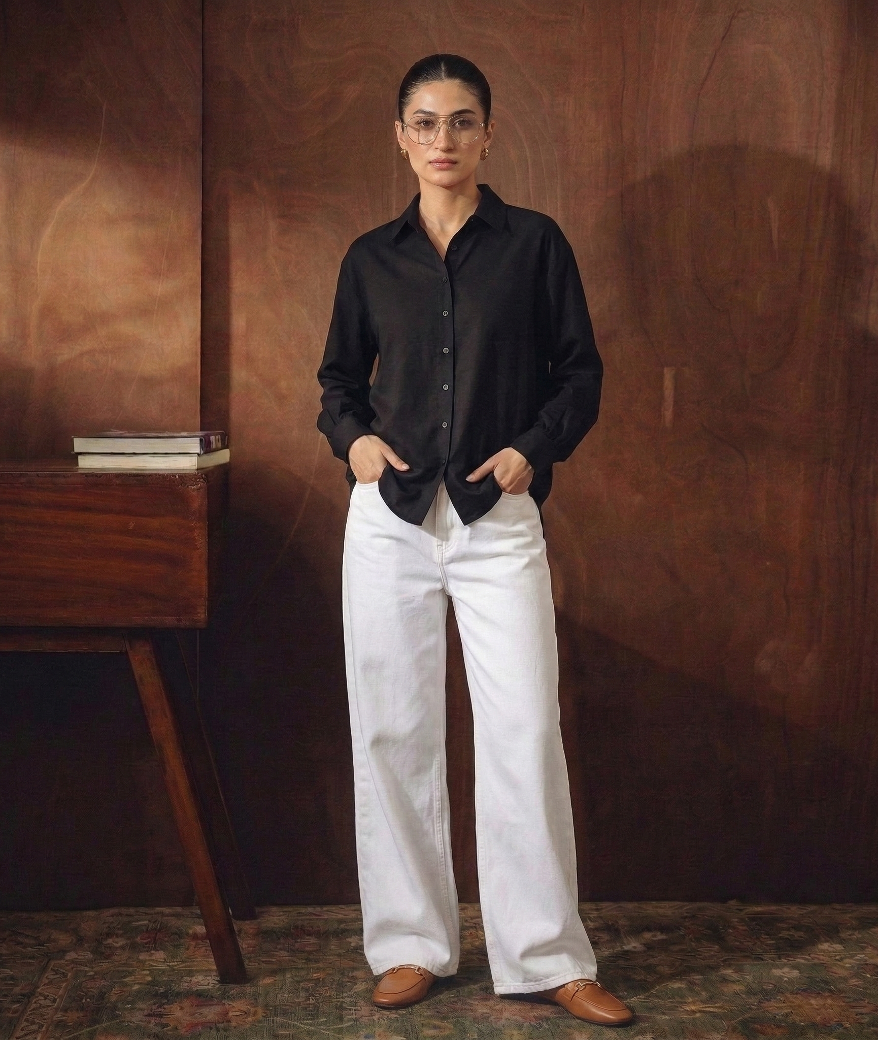 BLACK BUTTON DOWN SHIRT WITH WHITE WIDE LEG JEANS