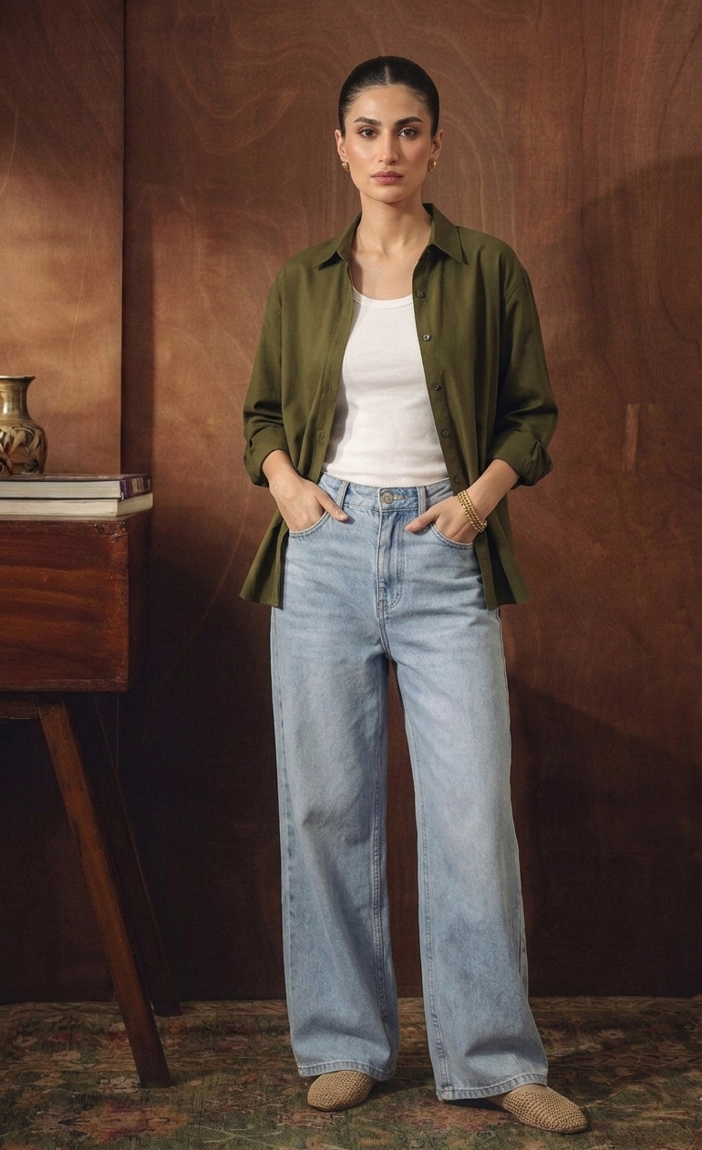 OLIVE GREEN BUTTON DOWN SHIRT WITH INNER & ICEBLUE WIDE LEG JEANS