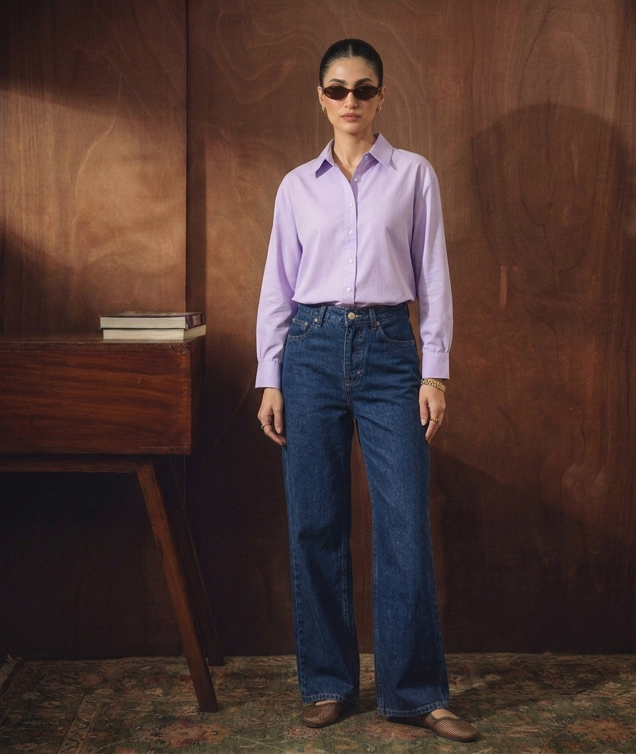 LILAC BUTTON DOWN SHIRT WITH MID-BLUE WIDE LEG JEANS