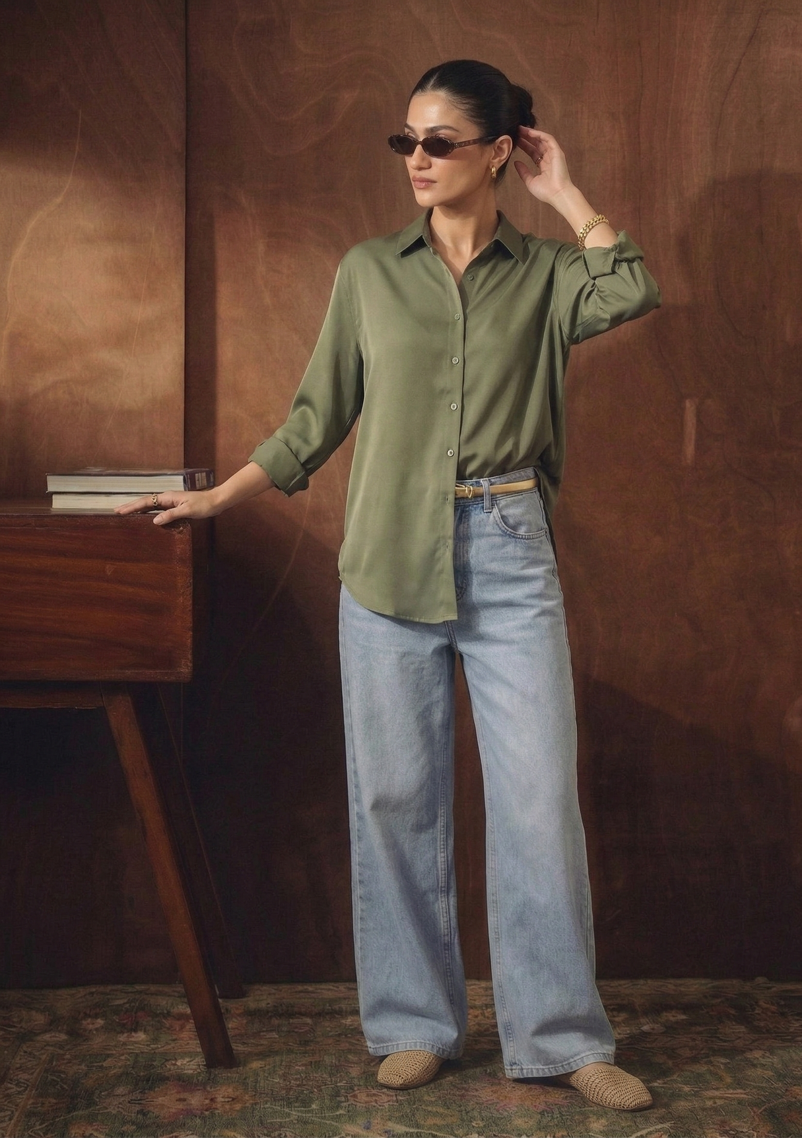 OLIVE GREEN BUTTON DOWN SHIRT WITH ICEBLUE WIDE LEG JEANS