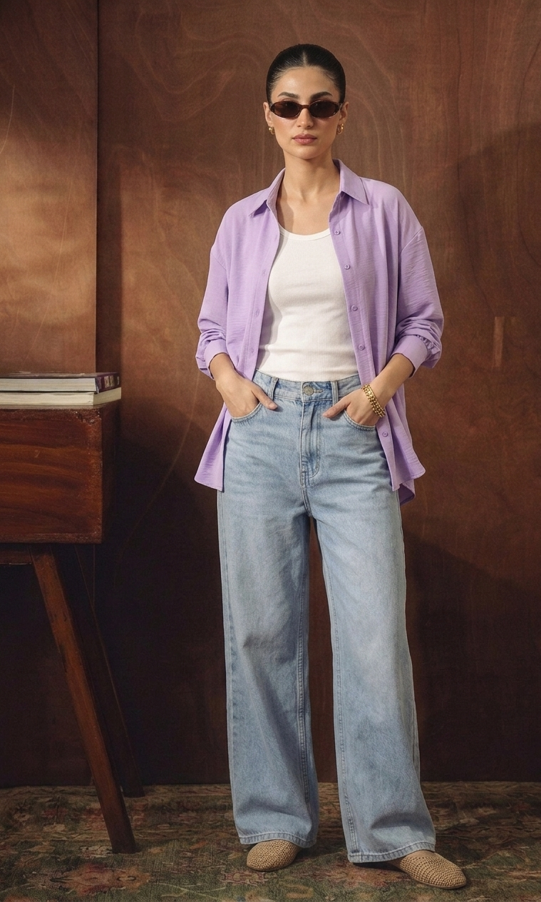 LILAC BUTTON DOWN SHIRT WITH INNER & ICE-BLUE WIDE LEG JEANS