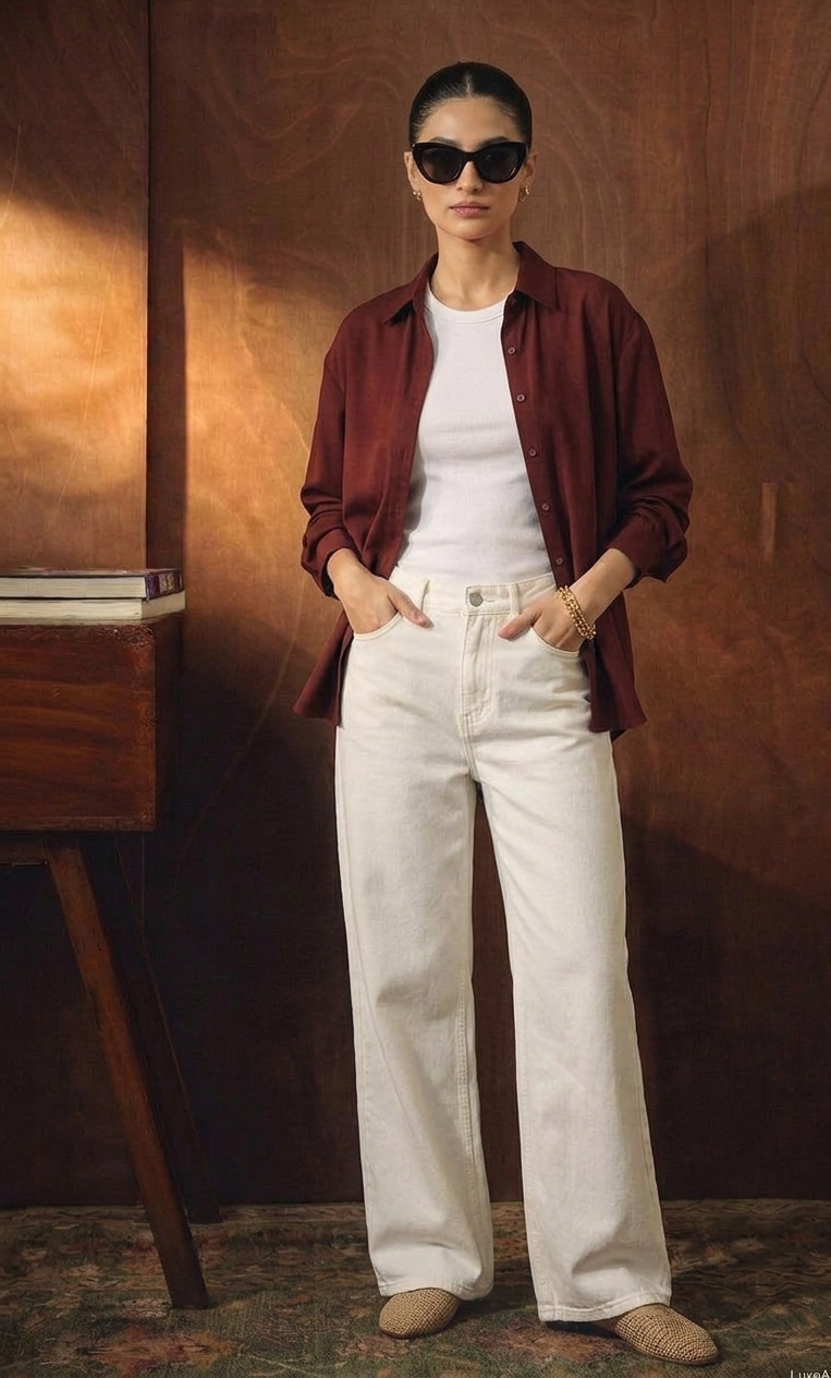MAROON BUTTON DOWN SHIRT WITH INNER & WHITE WIDE LEG JEANS