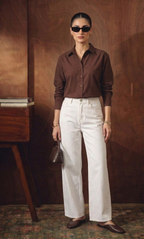 DARK-BROWN BUTTON DOWN SHIRT WITH WHITE WIDE LEG JEANS