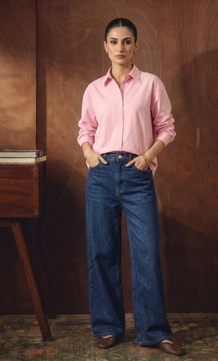 BABYPINK BUTTON DOWN SHIRT WITH MID-BLUE WIDE LEG JEANS