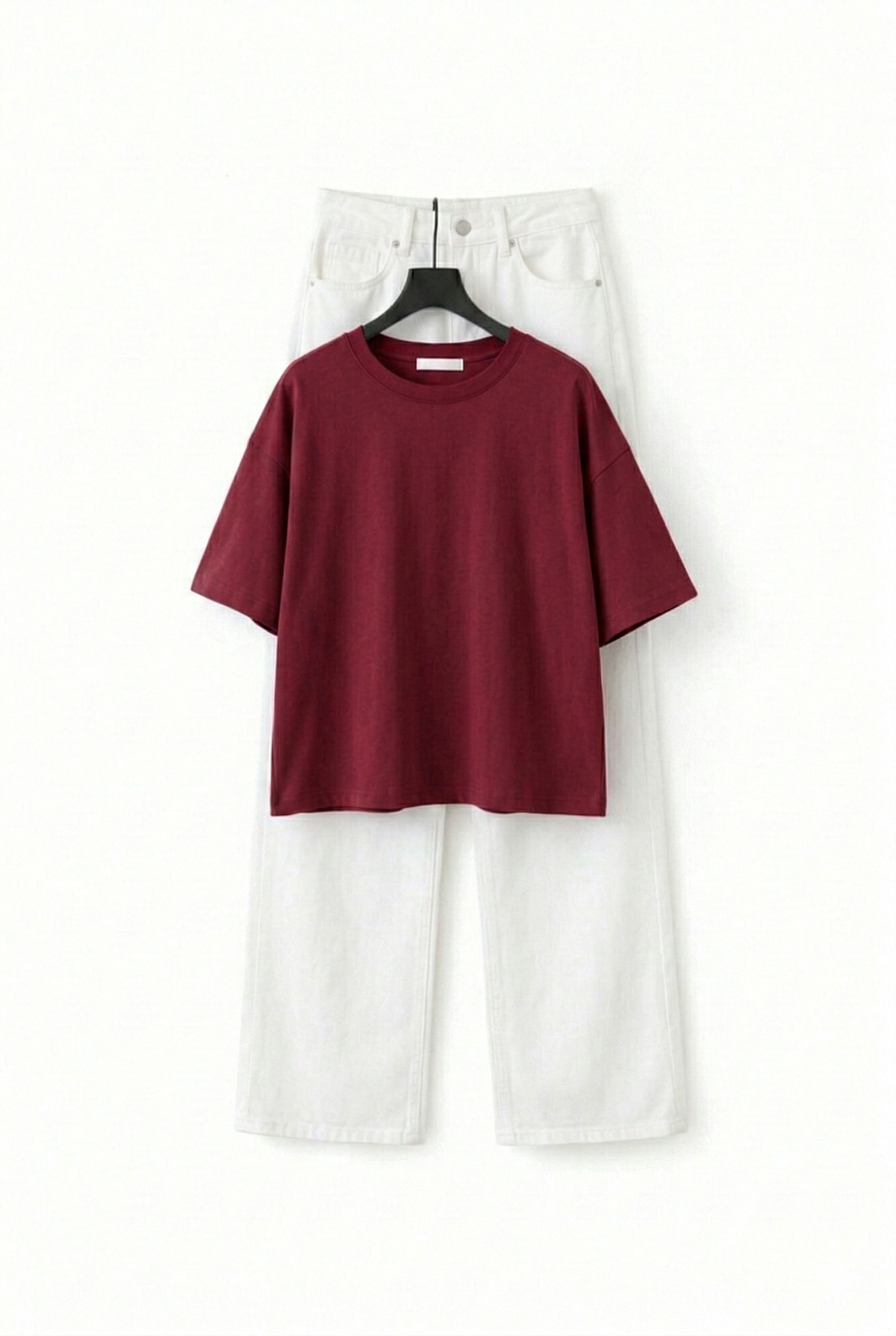 MAROON DROP TEE SHIRT WITH WHITE WIDE LEG JEANS