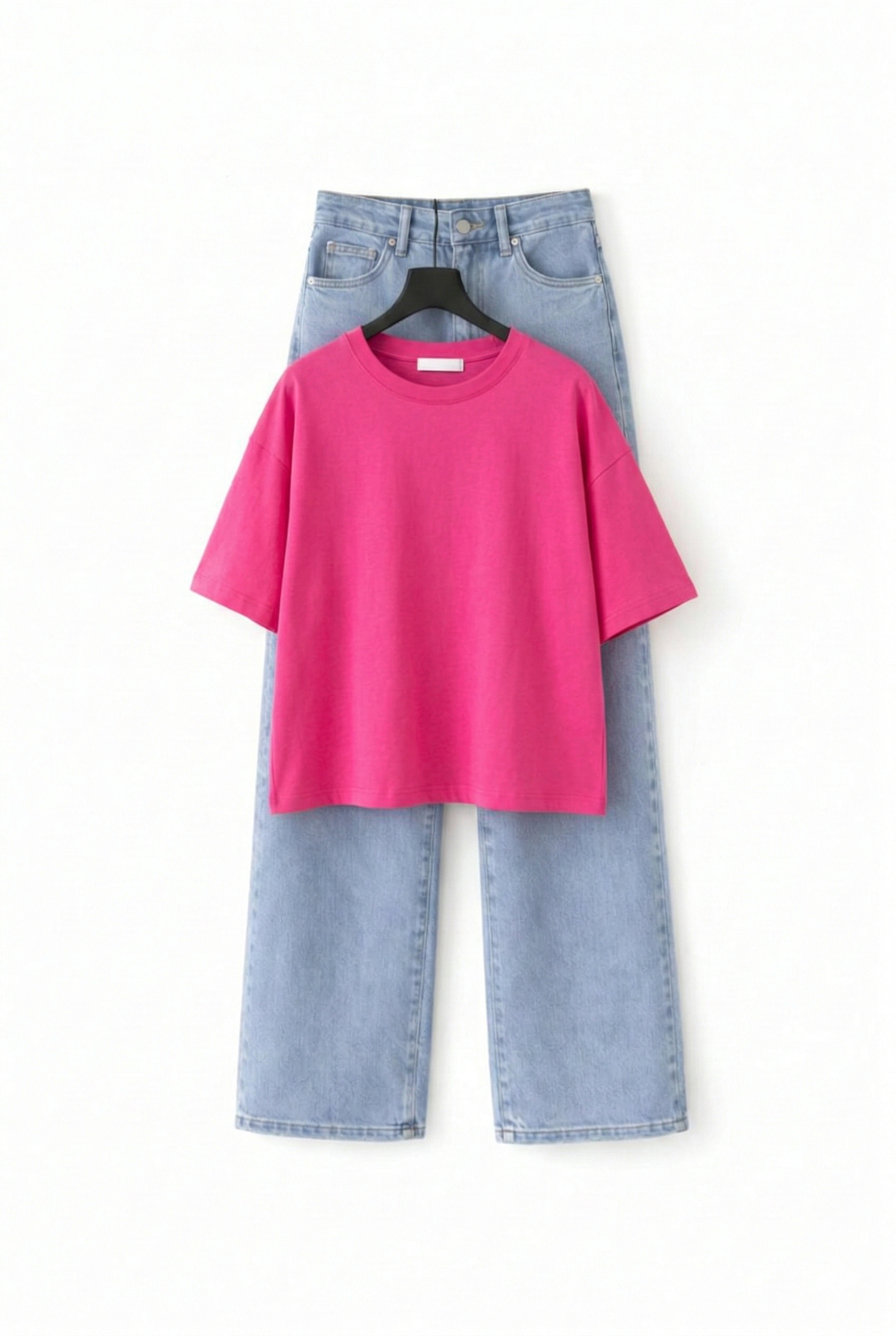 HOT PINK DROP TEE SHIRT WITH ICE-BLUE WIDE LEG JEANS