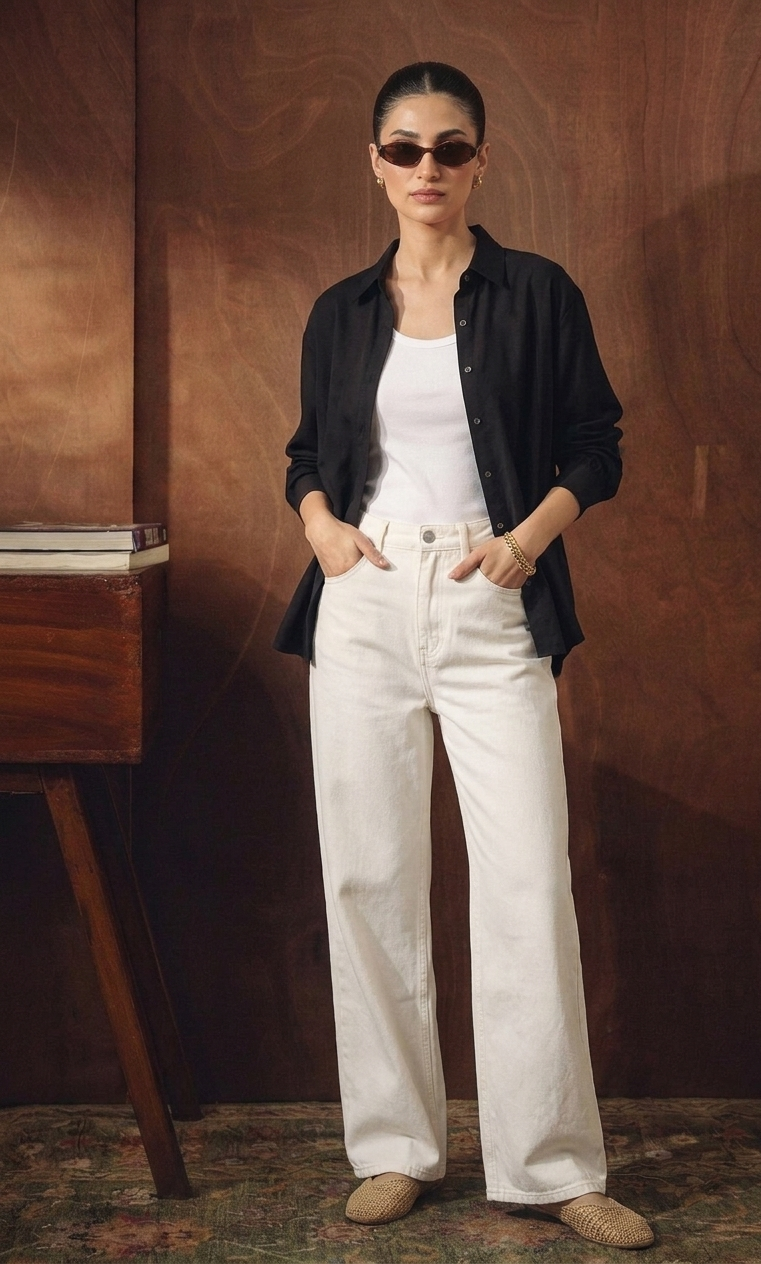 BLACK BUTTON DOWN SHIRT WITH WHITE INNER & WHITE WIDE LEG JEANS